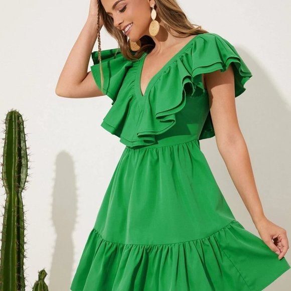 Green Boho Womens Two Layered Trim Ruffle Hem Dress - Picture 4 of 5